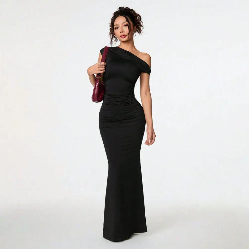 

Sexy Socialite Style Dress Summer off-the-Shoulder Slant Collar Black Formal Dress Long dress Sexy Party Dress Black XL