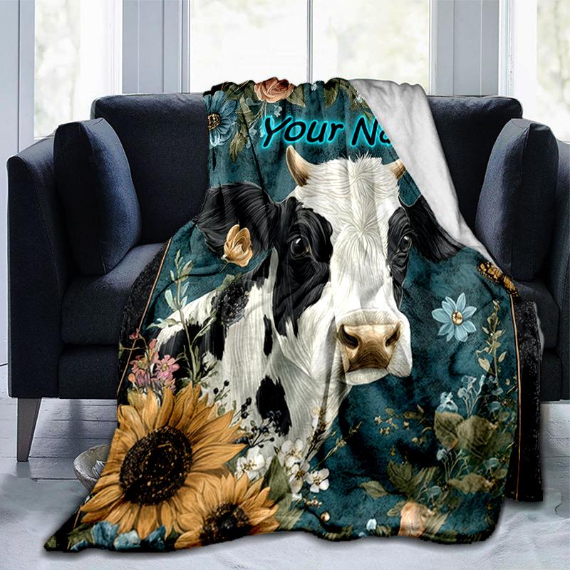 1PC Custom Name Cow Portrait Flowers Flannel Blanket Versatile,all-season Throw Suitable for the Living Room,bedroom,camping,travel,and Gift
