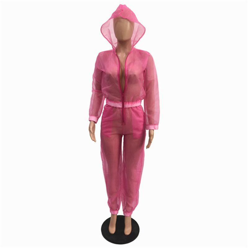 

Transparent Mesh Hooded Jumpsuit Trousers Transparent Mesh Hooded Jumpsuit Rose Red XL