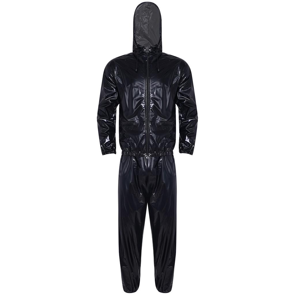 Unisex PVC Sauna oblek Dlouhý rukáv Zip S kapucí Stahovací šňůrka Bunda Vrchní díly Kalhoty Cvičení Trénink