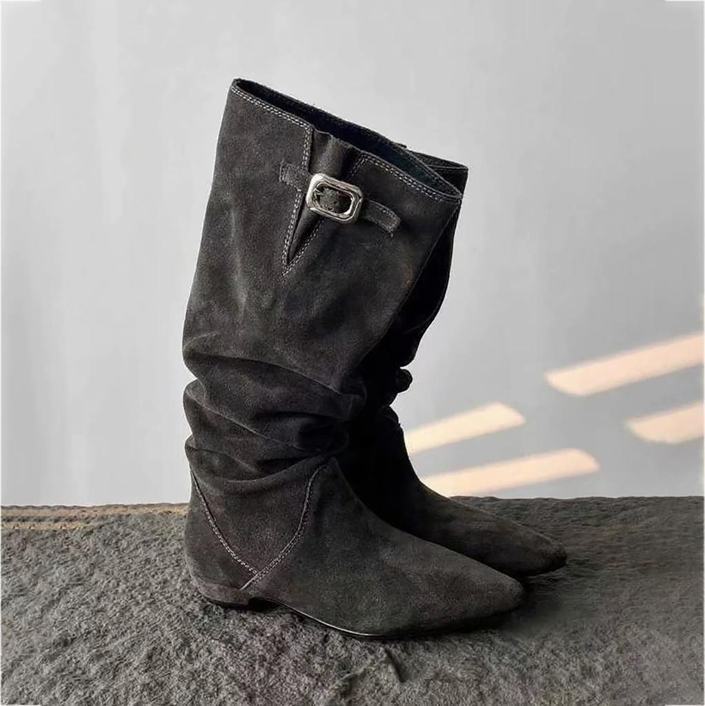 Sheepskin Version~ Pile Boots Belt Buckle Skinny Boots Pointed Low Heel Retro Western Cowboy Boots Female Knight Boots
