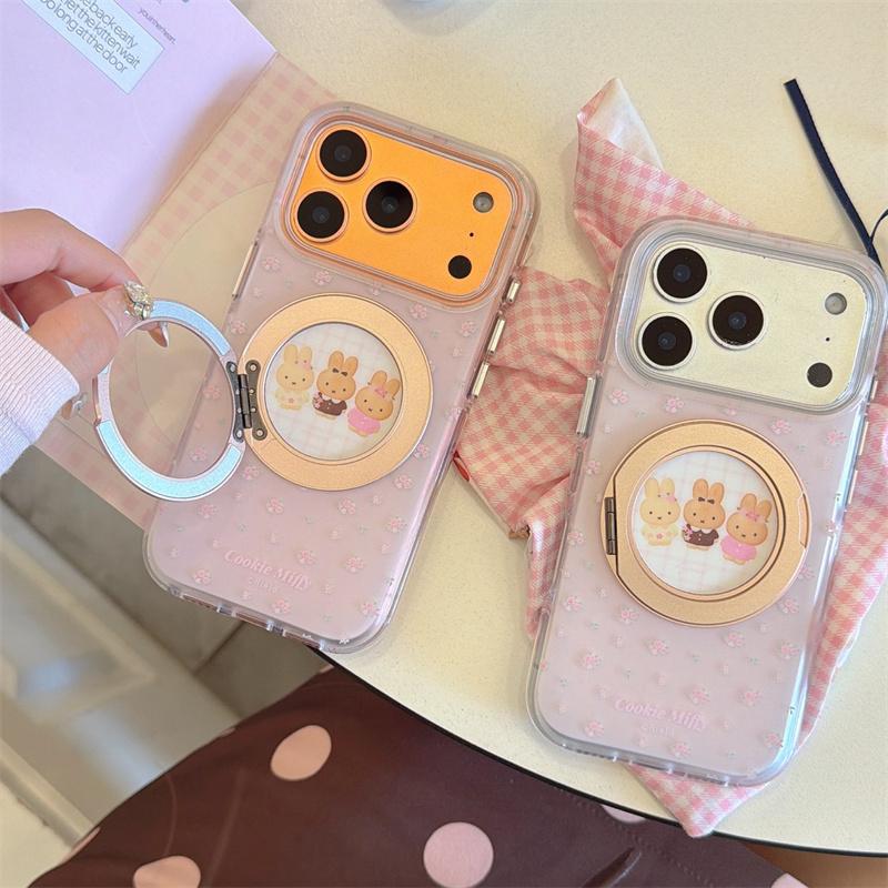Cute Pink Floral Miffy Phone Case For iPhone 17 Pro 16 15 17 Pro Max with 360 All-in-One Stand Shockproof 17 15 16 Cover Cases