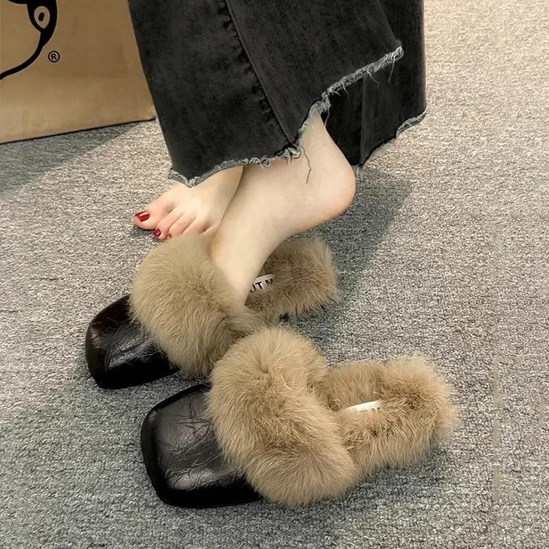 Fashion Women's Autumn/Winter Outdoor Wear New Style Flat Bottom Fur Slippers One Foot Drag No Heel Mule Fur Slippers Adult Simple