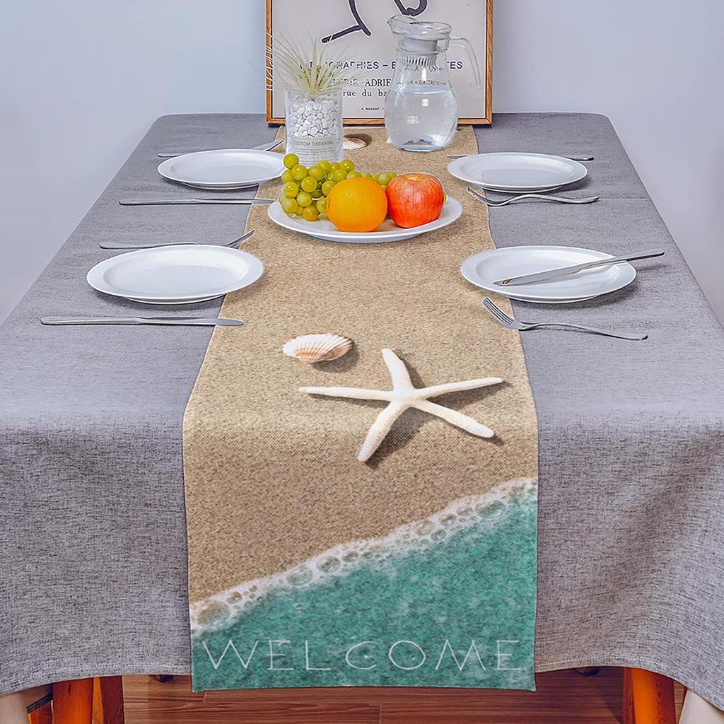 Summer Beach Ocean Linen Table Runner Dresser Scarves Table Decor Farmhouse Kitchen Dining Table Runner Holiday Party Decor