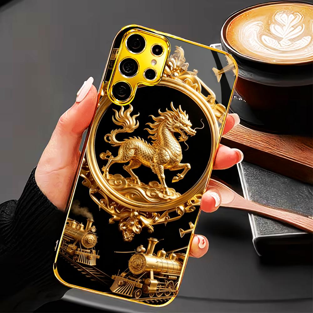 Shiny Gold Plated Kirin phone case glass s25 ultra case s26 ultra case for Samsung Galaxy S26 S25 S24 S23 S22 FE Ultra Plus