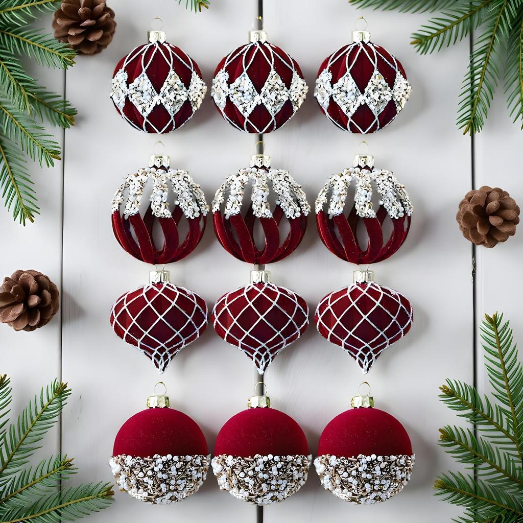 Christmas Tree Balls 12 Pieces Modern Art Rhinestone Flocked Balls For Christmas Tree For Home Wall Living Room House Indoor