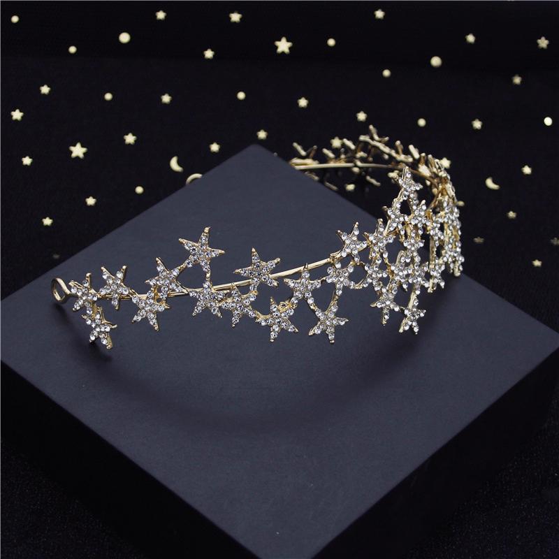 Fashion Baroque Metal Stars Rhinestone Crown Tiaras for Bride Headdress Queen Prom Bridal Diadem Wedding Hair Jewelry Girls