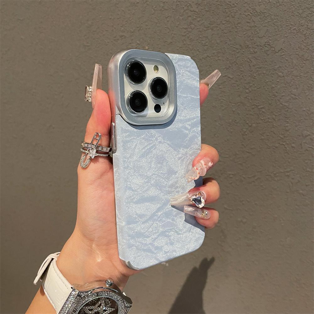 Titaniumgrått skinndeksel med ismønster til iPhone 16 15 14 13 12 11 Pro Max, fullstendig støtsikkert galvanisert hardt bakdeksel