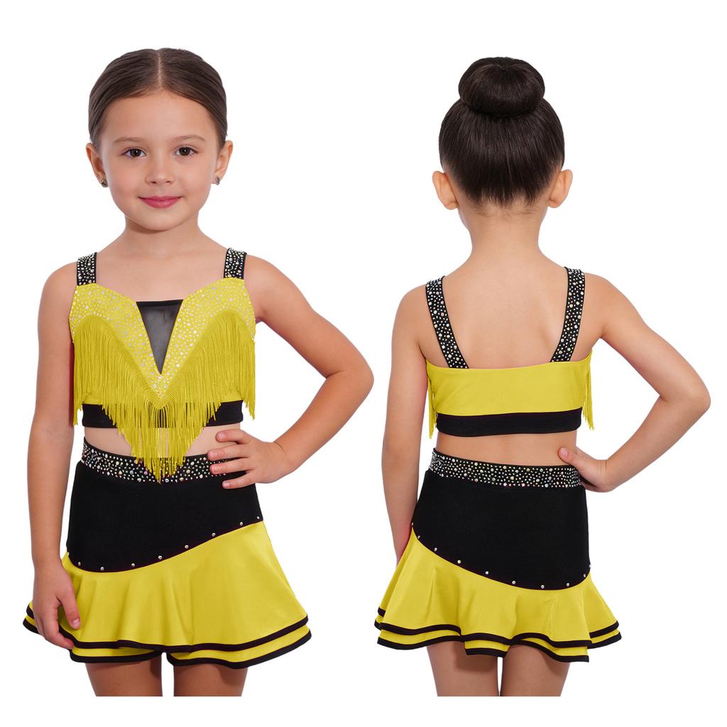 Kinder Mädchen Farbblock Latin Dance Crop Top Breite Schulterträger Quasten Strasssteine mit elastischem Bund Rock für Tango Rumba Gesellschaftstanz Performance