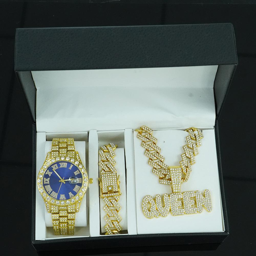Popular Men s Watch Fashion Hip-hop Roman Scale Diamond Inlaid Men s Watch Set with Letter Pendant Chain