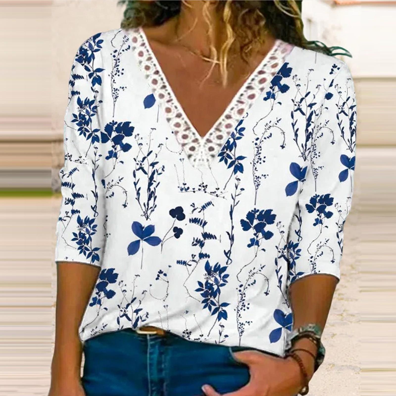 

Ladies V Neck Casual Short Sleeve Casual Comfortable Loose Lace Print T-Shirt Top XXXL синий