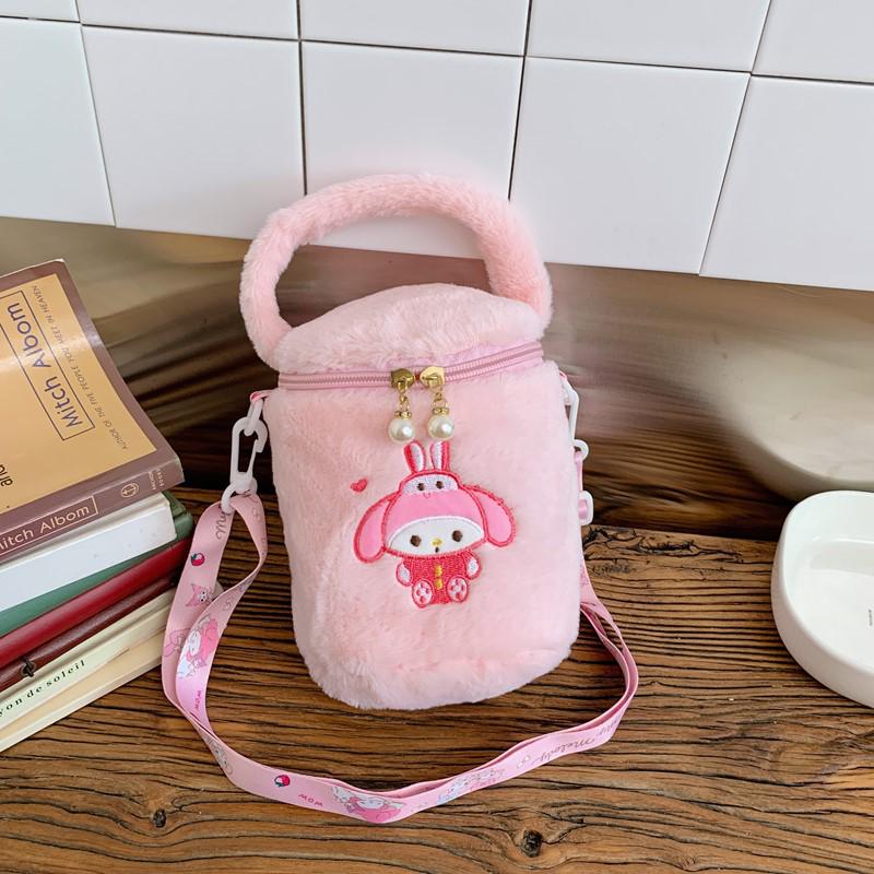 2025 Cute Plush Mini Bucket Handbag for Girls - Cartoon Design, Crossbody or Single Shoulder.