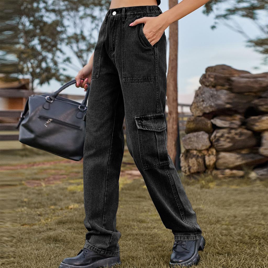 Women Baggy Pants Stylish Multi Pockets Loose Fitting Casual Long Trousers for Daily Wear Black