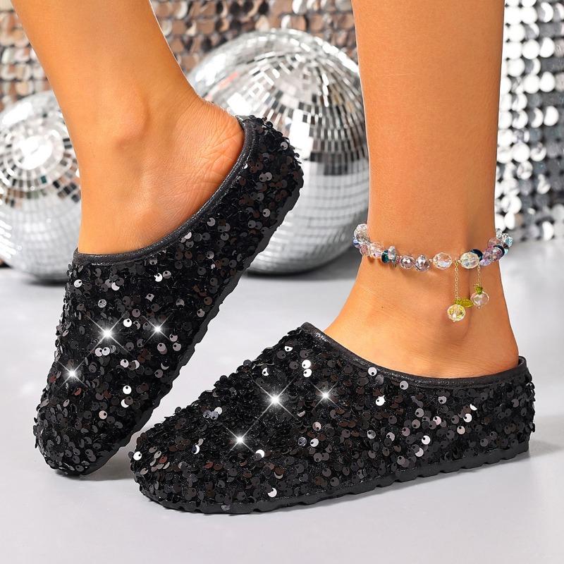 Fashion Women's Sequined Baotou Semi-slippers Wear New Autumn Temperament with Skirt Non-slip Flat Lazy Sandals and Slippers