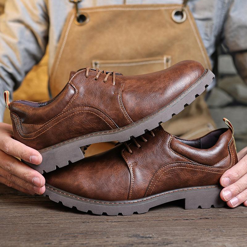 Fashion Mens Round Toe Derby Shoes Low-Cut British Style Vintage PU Leather Boots Lace-Up Business Casual Comfortable Versatile Footwear