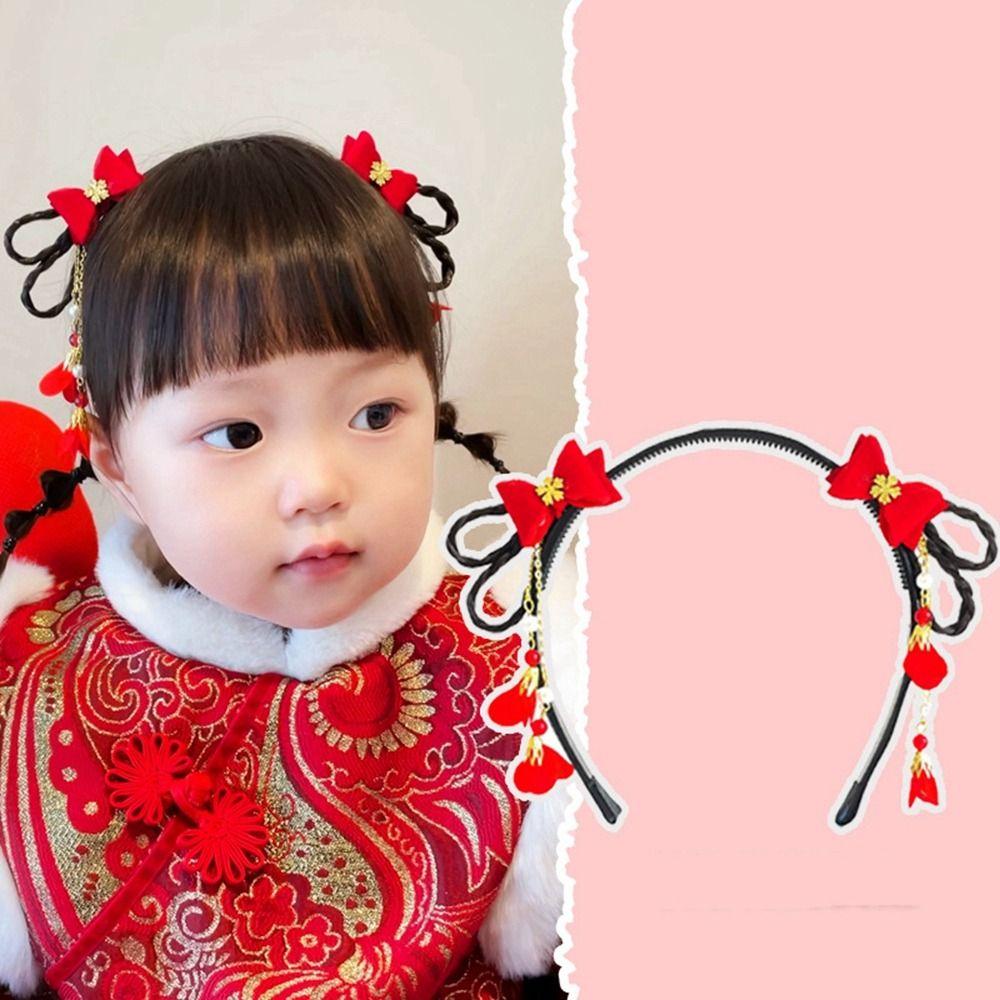 Flower Chinese New Year Headwear Braid Hair Hanfu Hair Sticks Children Wig Headband  Children