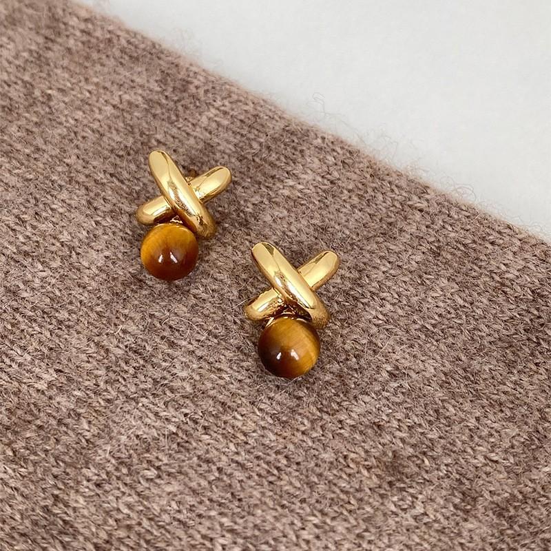 18k real gold electroplated tiger's eye stone geometric stud earrings Maillard temperament earrings earrings women