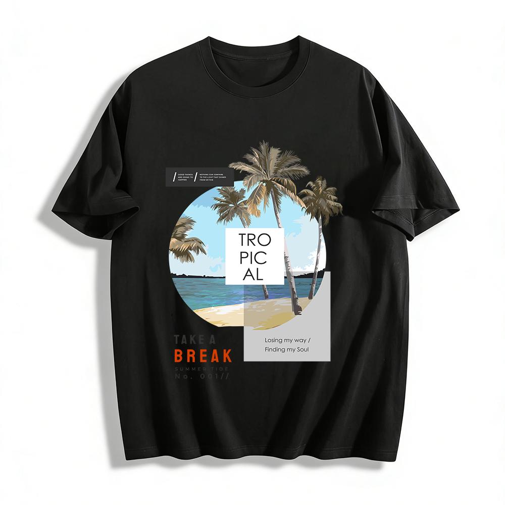 Tropical Coconut Beach Print Casual T-Shirt Vacation Relax Top Pure cotton T-shirt XXS