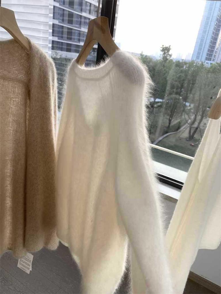 Women's Thickened White Cashmere Sweater - Pure Wool Brushed Long Hair Cardigan