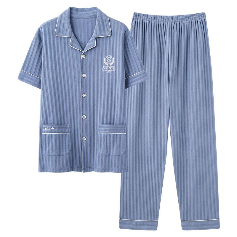 Men's Summer Pajama Set: Pure Cotton Short Sleeve with Long Pants, Solid Color, Korean Style Homewear.