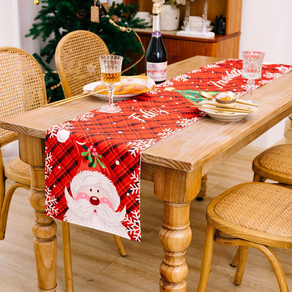 Festive Christmas Table Runner With Red Green Plaid Snowman Print For Holiday Decor
