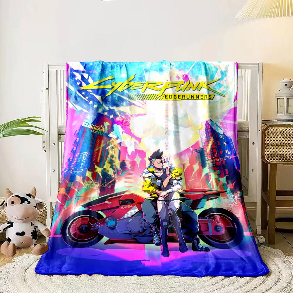 Futuristic neon cityscape with a couple on a red motorcycle. for all seasons blanket lunch break throw gift
