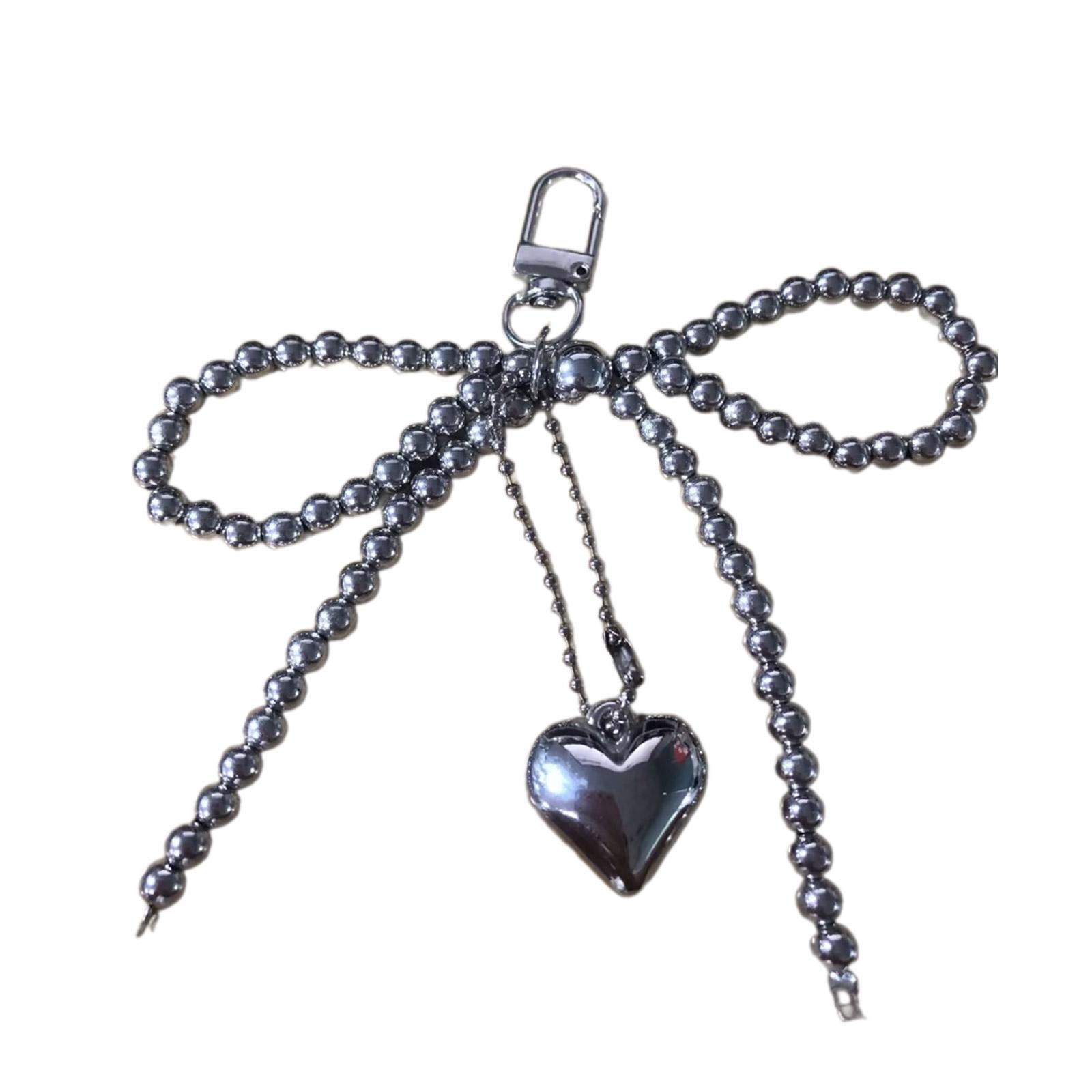 

Simple Heart Beaded Bowknot Charm Keychains Sweet Pendant Hanging Ornament Keyring Backpack Decoration for Women Girl серебряный