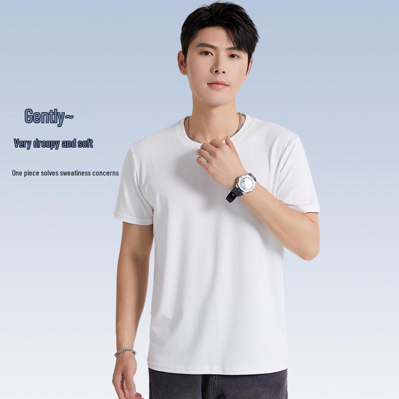 Men's Exclusive Heavyweight Mulberry Silk Cotton Blend T-Shirt - Solid Color, Short Sleeve