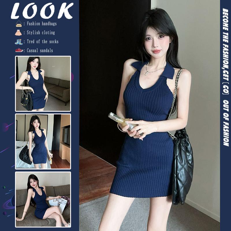 Summer Unique Spice Girl Blue Knitted V-neck Sleeveless Dress Women's Waist Design Sense Slim and Thin Hip Skirt
