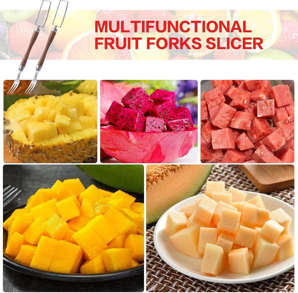 Wooden Handle Fruit Fork & Slicer, Stainless Steel Double Ended Cutter for Watermelon, Melon, Portable Kitchen Gadget (2PCS)