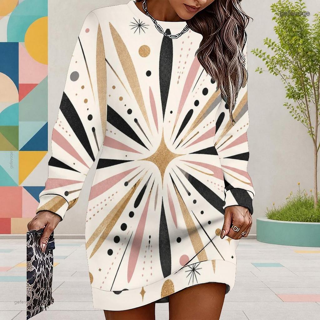 Women Plus Size Round Neck Long Sleeve Printed Black Mini Sweatshirt Dress Ribbed Cuffs