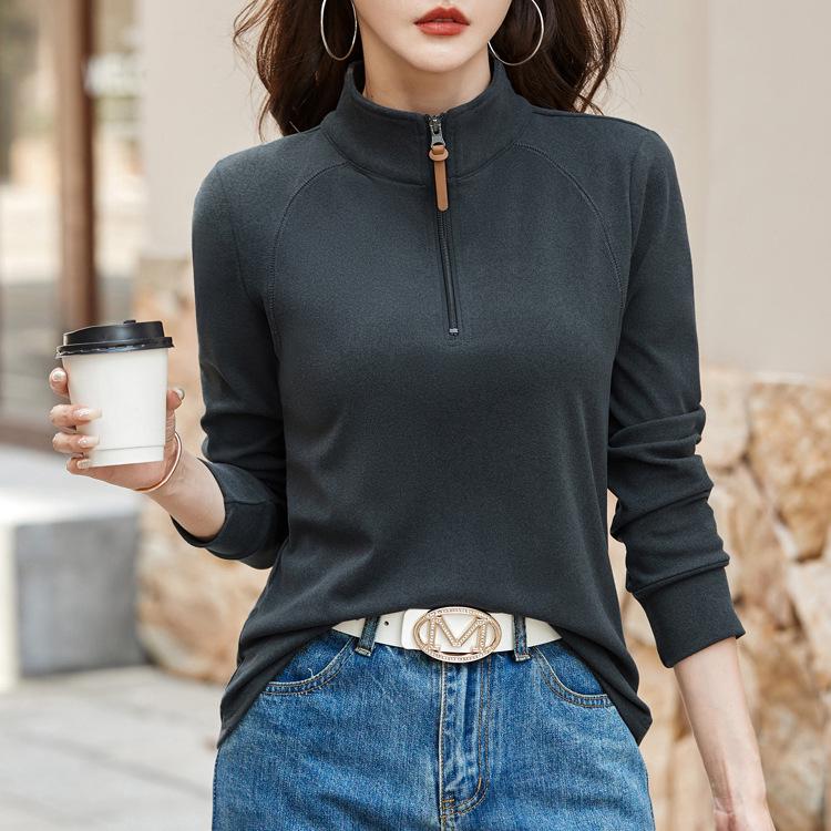 

Женская футболка из немецкого бархата со стойкой: Осень/Зима 2025, С длинным рукавом, Повседневный теплый базовый слой. S ( 95 jin) темно-серого