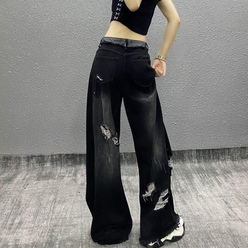Nadměrná velikost Americké streetové hip-hopové džíny se širokými nohavicemi pro ženy - Niche patchwork s roztřepenými okraji, distressed, splývavé kalhoty ke kotníkům