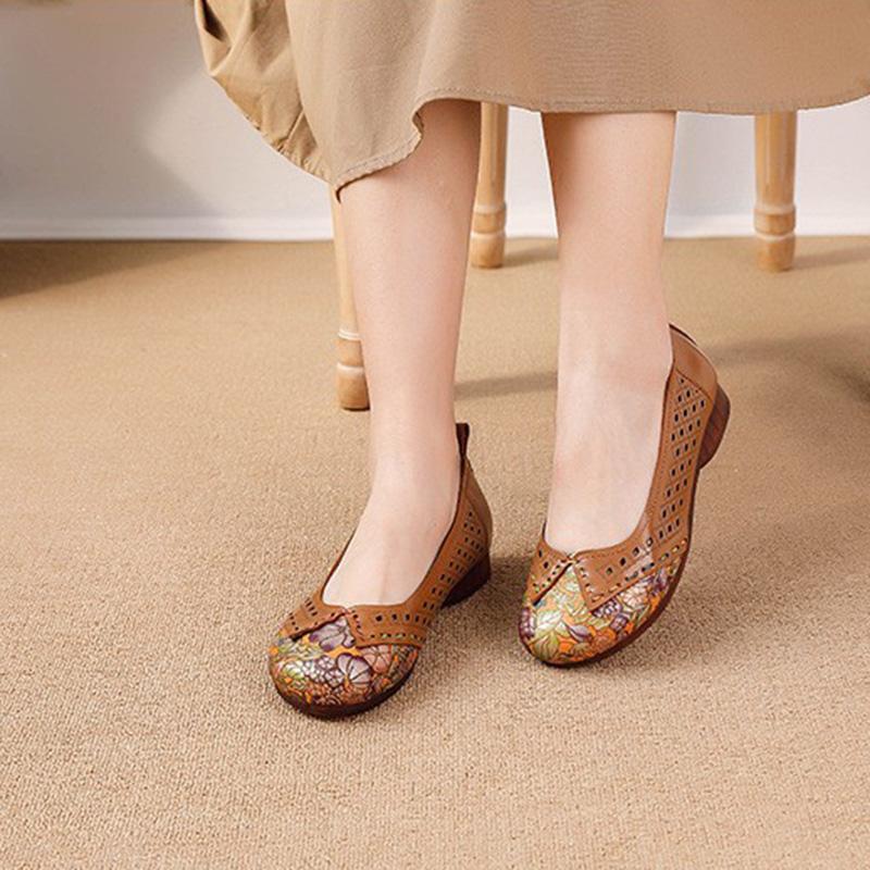 Pravá kůže Měkká podrážka Baleríny na jaro a léto, Protiskluzové Děrované Prodyšné Kožené Měkké Podrážky Mokasíny