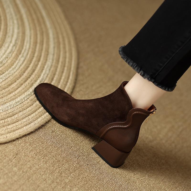 Fashion 2025 New Autumn Boots Women Sheep Suede Leather Shoes for Women Square Toe Chunky Heel Women Boots Winter Zipper Modern Boots