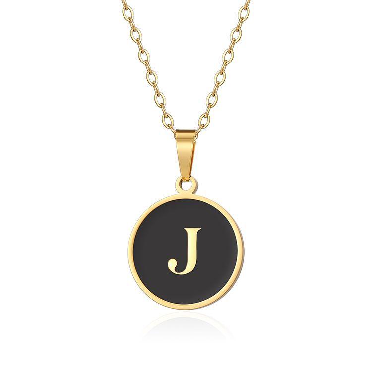 English letter oiled necklace, European and American trend titanium steel chain, round gold letter pendant collarbone chain