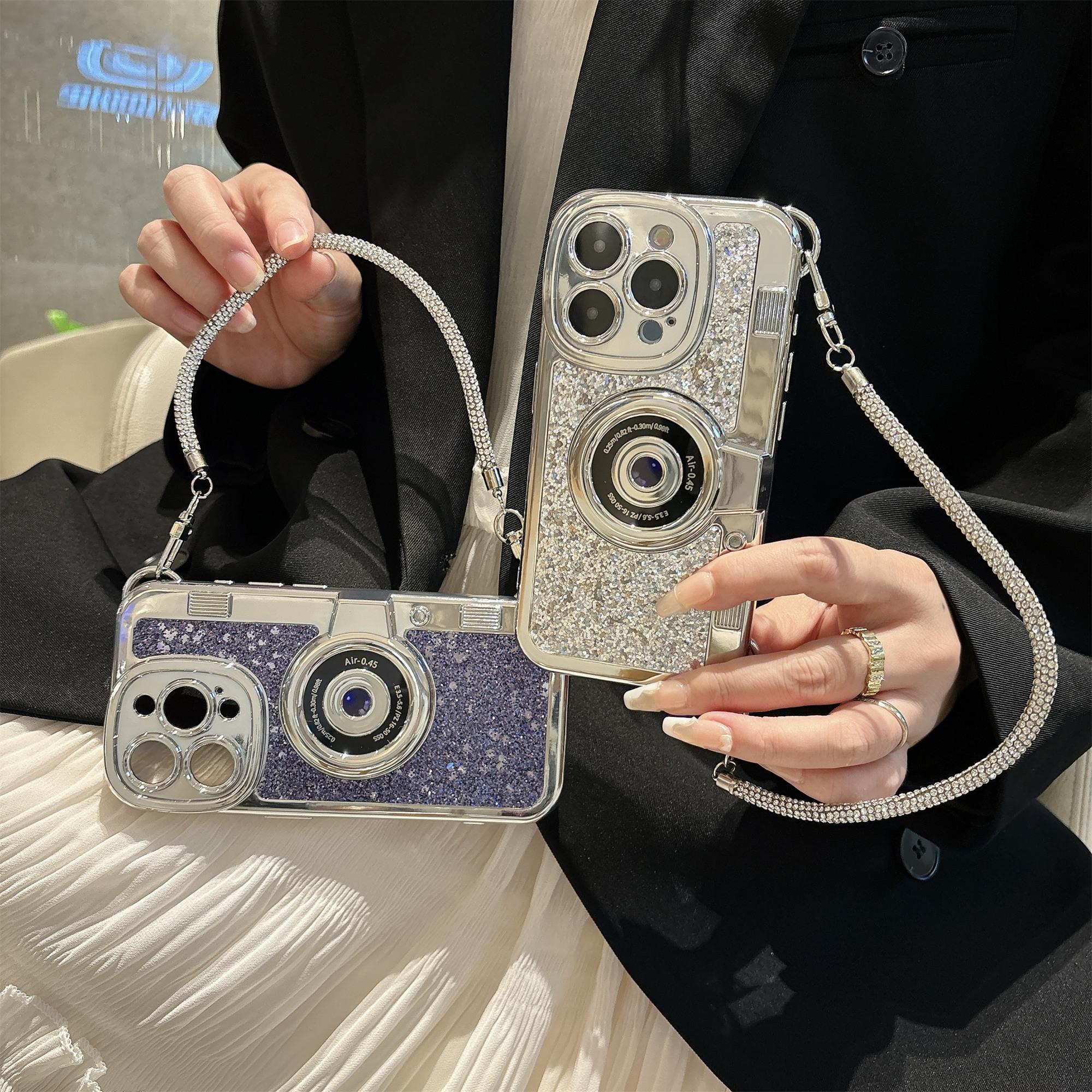 

For iPhone 14 Pro Max Cover Glitter Powder Camera Design TPU Phone Case with Tote Strap Silver