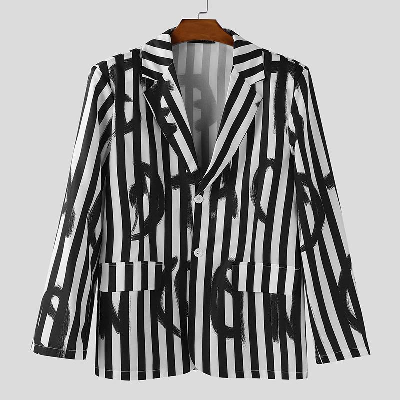 

INCERUN Oversized Spring Men Lapel Neck Long Sleeve Striped Button Thin Blazer Coats 5XL