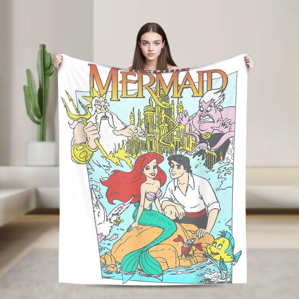 Flounder Sebastian and Ariel Wool Blankets Little Mermaid Vintage Throw Blankets for Home Hotel Sofa 200x150cm Rug Piece