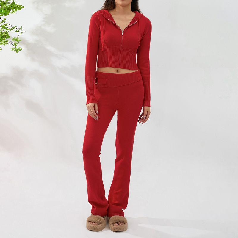 European and American New Knitted Hood Set Women Clothes Fashion Sexy High Waist Long Sleeve Trousers Two-piece Set