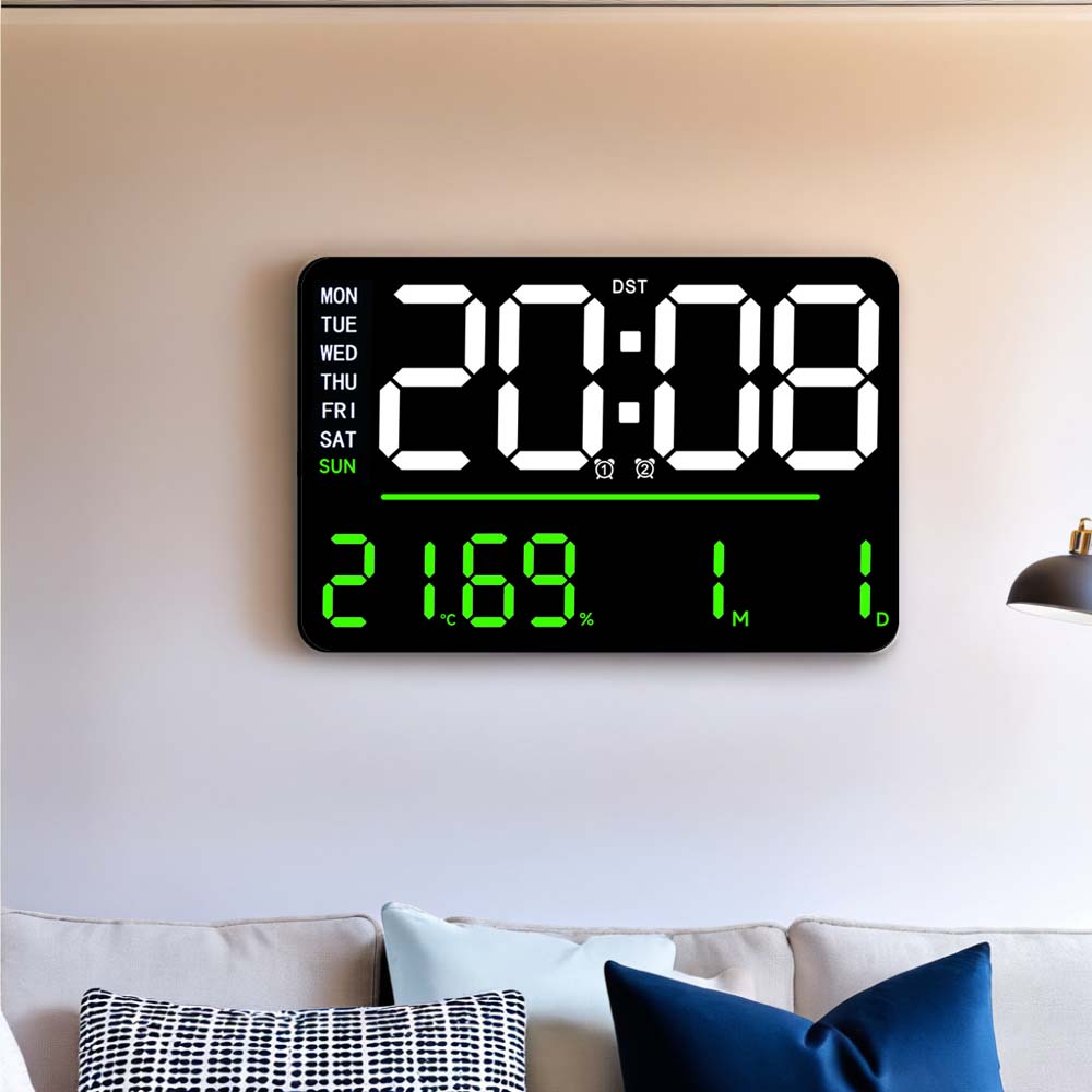 

1 шт. современные светодиодные многофункциональные цифровые часы-будильник с большим экраном; Многофункциональный дисплей влажности, температуры, недели, даты, светло-зеленый