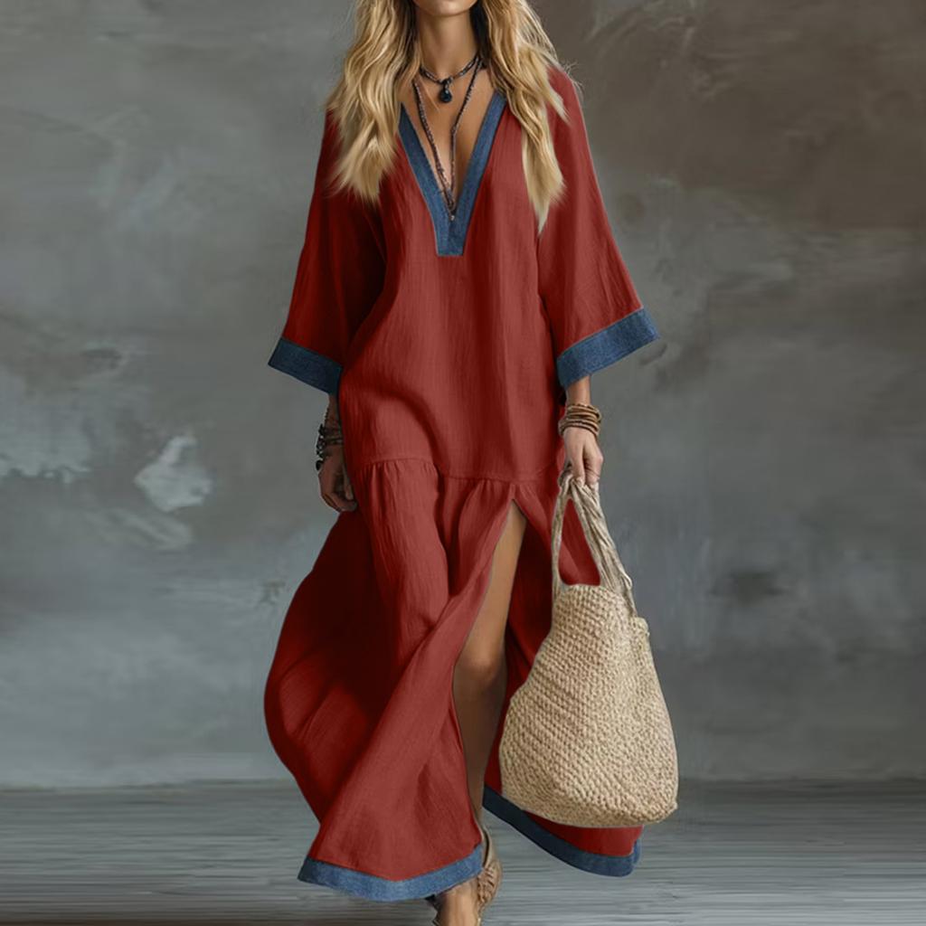 Women's V-Neck Loose Fit Bohemian Patchwork Slit Dress
