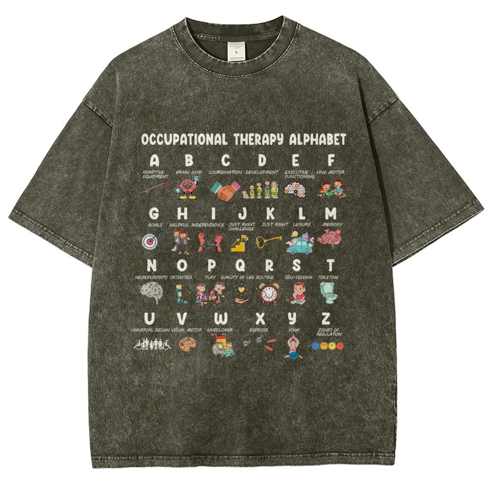 26 Letter Cartoon Character Print T-Shirt Retro Washed Loose S серый
