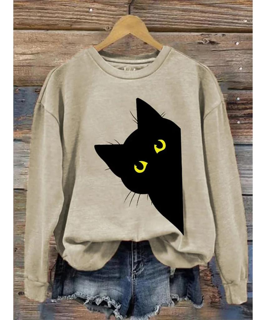 Bluza z nadrukiem czarnego kota Druk 3D Bluzy Damskie Moda Bluzy z długim rękawem Dekolt O Streetwear Oversize Odzież dla dziewcząt