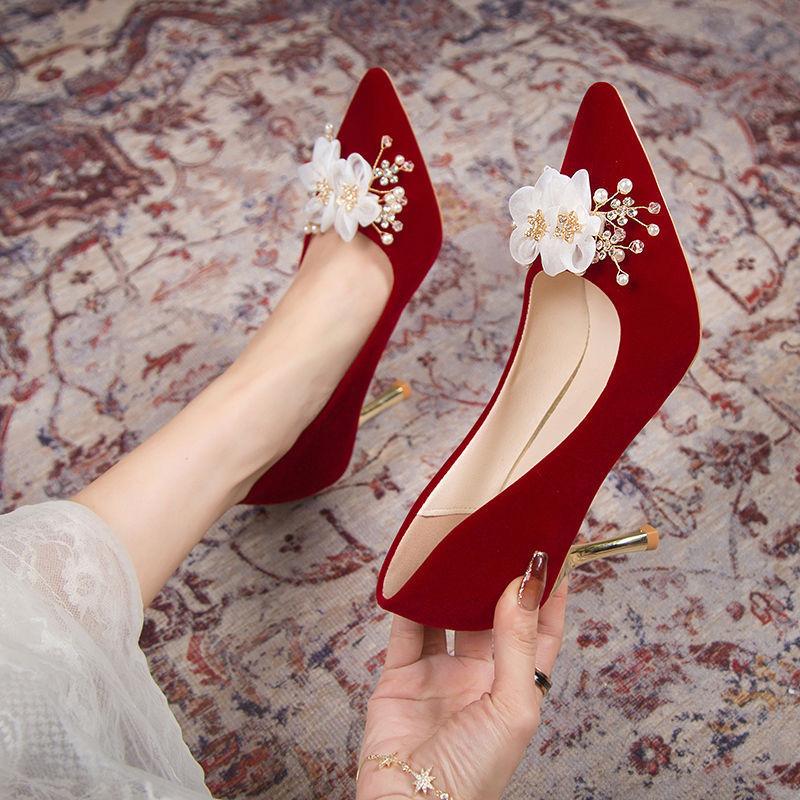 Pointed Stiletto Wedding Shoes Women's Autumn and Winter New Flower Toast Clothes Are Not Tired of Feet Burgundy High Heels