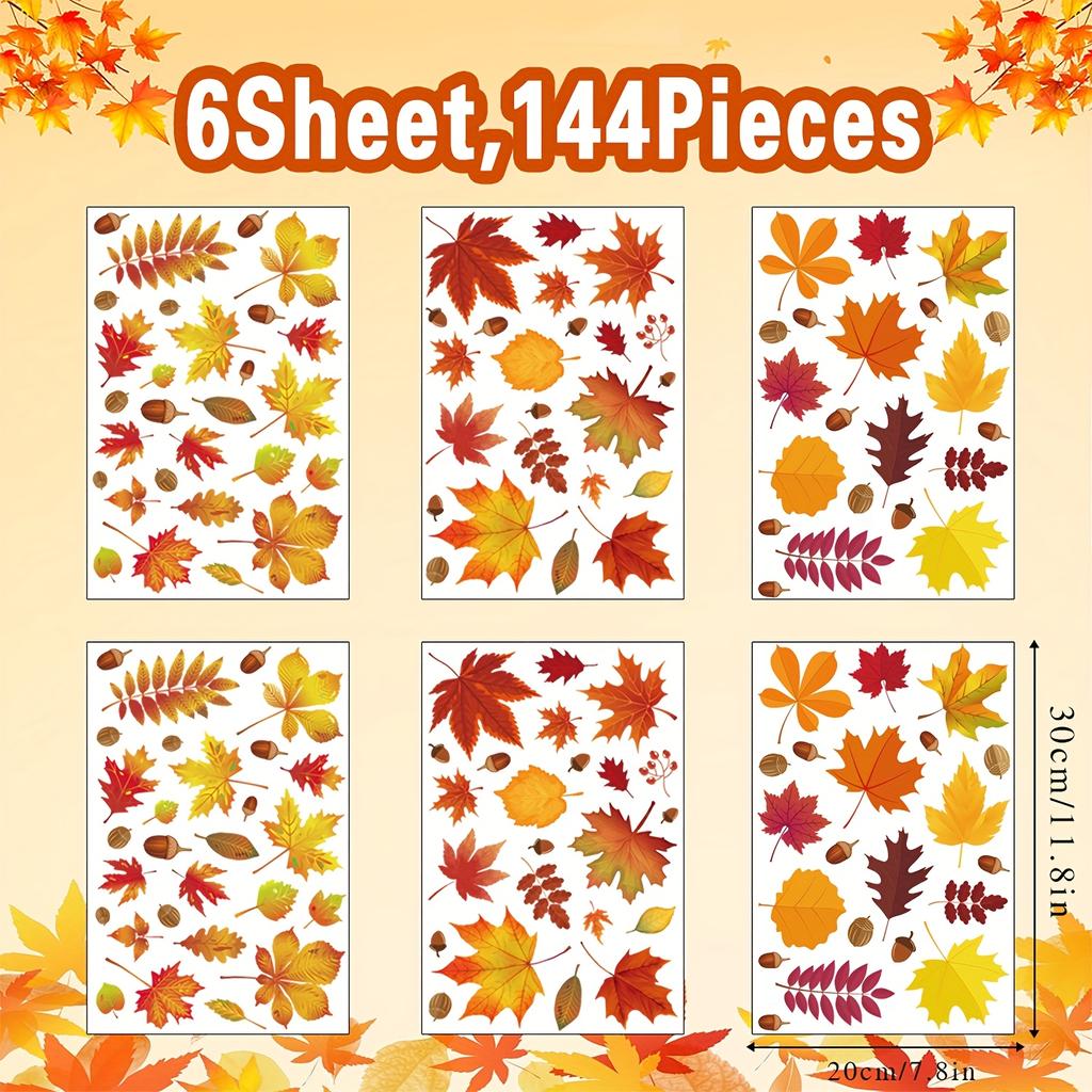 6 sheets  Autumn Leaf Window Stickers - Vibrant Fall-Themed Decals for Seasonal Home Decor, Classic PVC Static Cling Panels