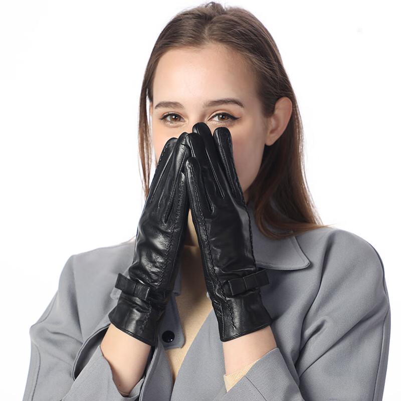 Women's Sheepskin Lined Bowknot Leather Gloves