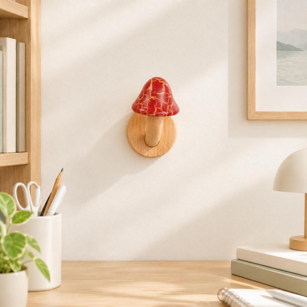 Wooden Mushroom Hook with Backplate Nature-Themed Crackle-Finish Wall