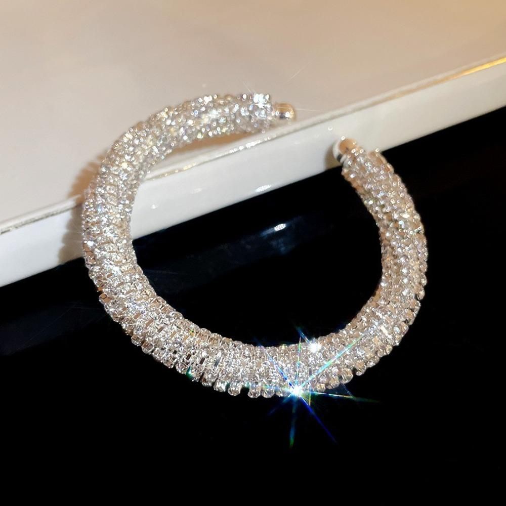 Silver Color Rhinestone Bangle Round Open Bangle Luxury Cuff Bracelet  Ladies