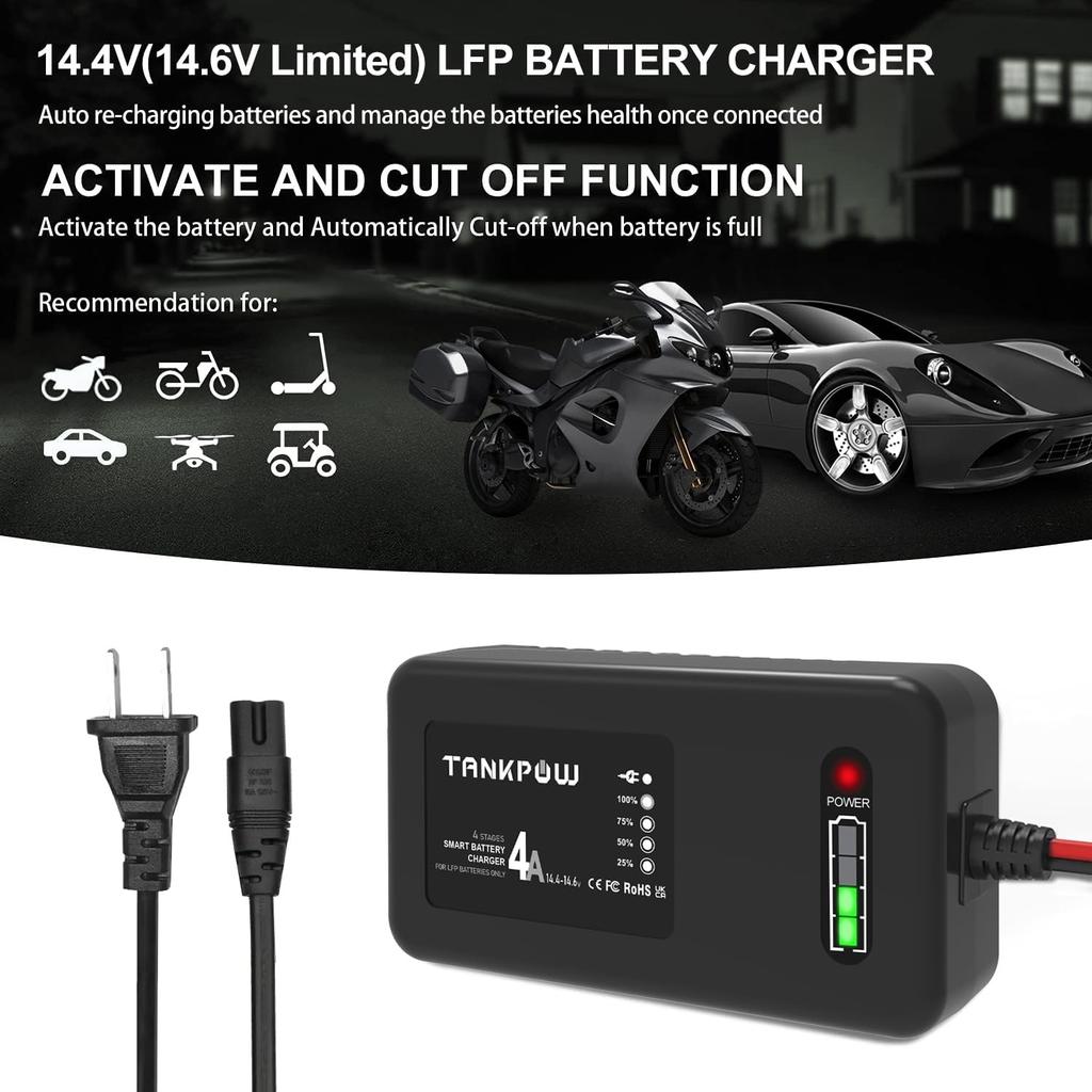 14.6V LiFePO4 Battery Charger,0-4Amp Lithium Battery Chargers,Smart And Smaller LiPO Battery Charger For Cars,Motorcycles,Lawn Mowers,Golf
